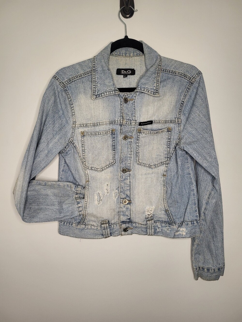 Vintage D&G Dolce & Gabbana Denim Jacket XL Light Wash Cropped Distressed Y2K